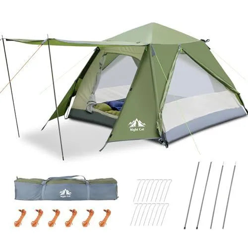 Dark green automatic camping tent pitched outdoors showing 2.9m length and rainfly with 1000-1500mm waterproof rating
