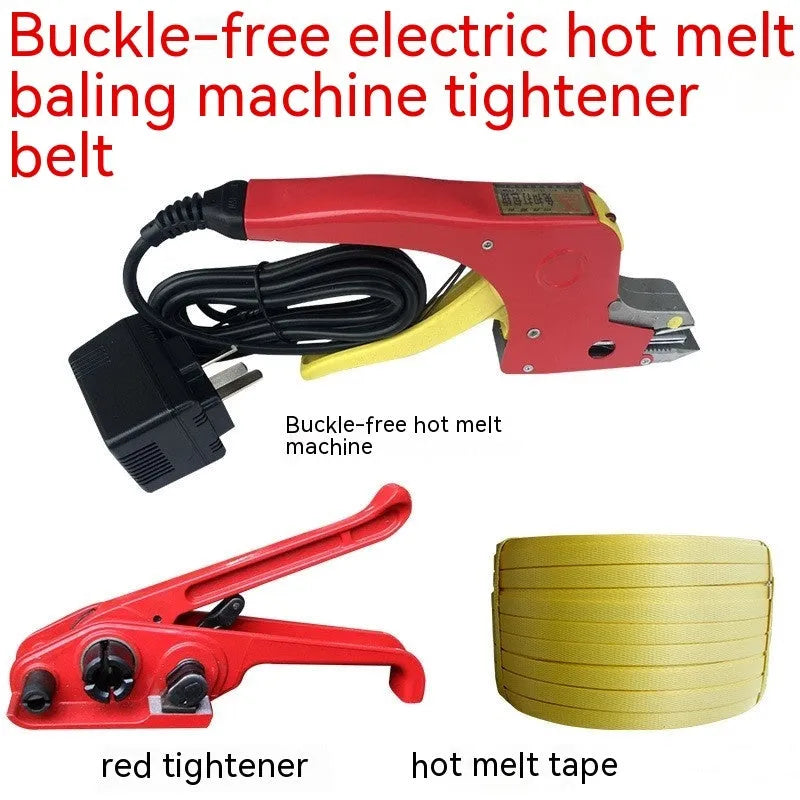Electric hot melt packing machine with plastic steel tensioner and roll of yellow packaging tape on a work surface.