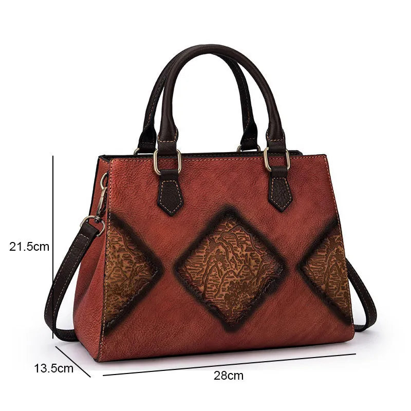 Top layer cowhide retro women's handbag, horizontal square 28cm zip messenger bag with soft handle