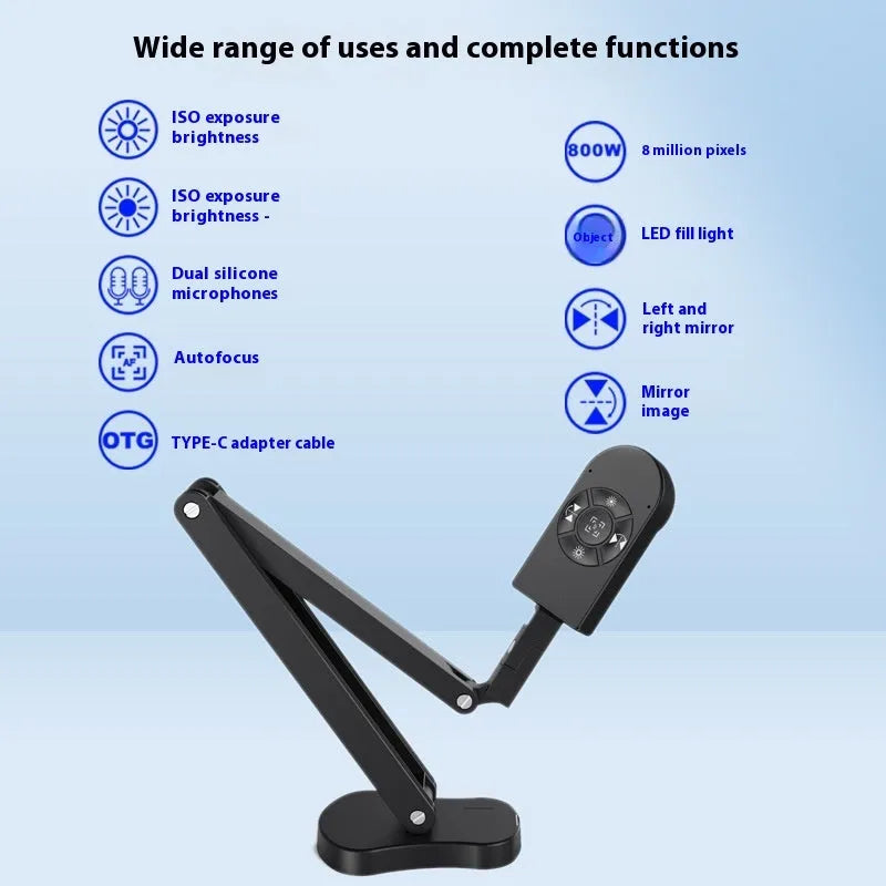 Computer live camera with microphone showing 8MP sensor, USB 2.0 cable, dimensions approximately 8x5x5cm