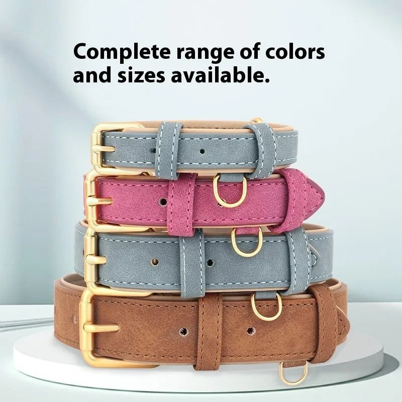 Double-layer leather dog collar with mohair lining in rose red, adjustable for dogs 7-65 pounds with matching lead.