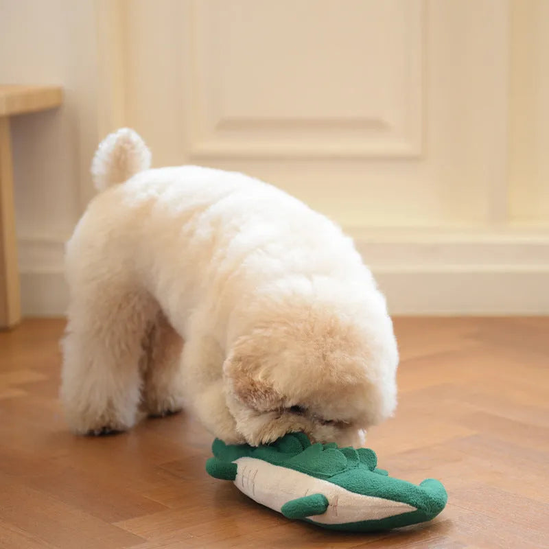 Green plush toy dog with dimensions 35cm by 18cm, weighing 90g, for interactive play.
