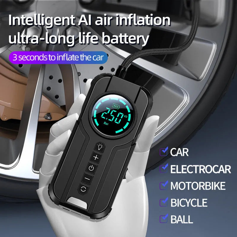 Wireless portable vehicle air pump with 6000mAh battery, 12V output, and accessories including nozzles and 3m cable