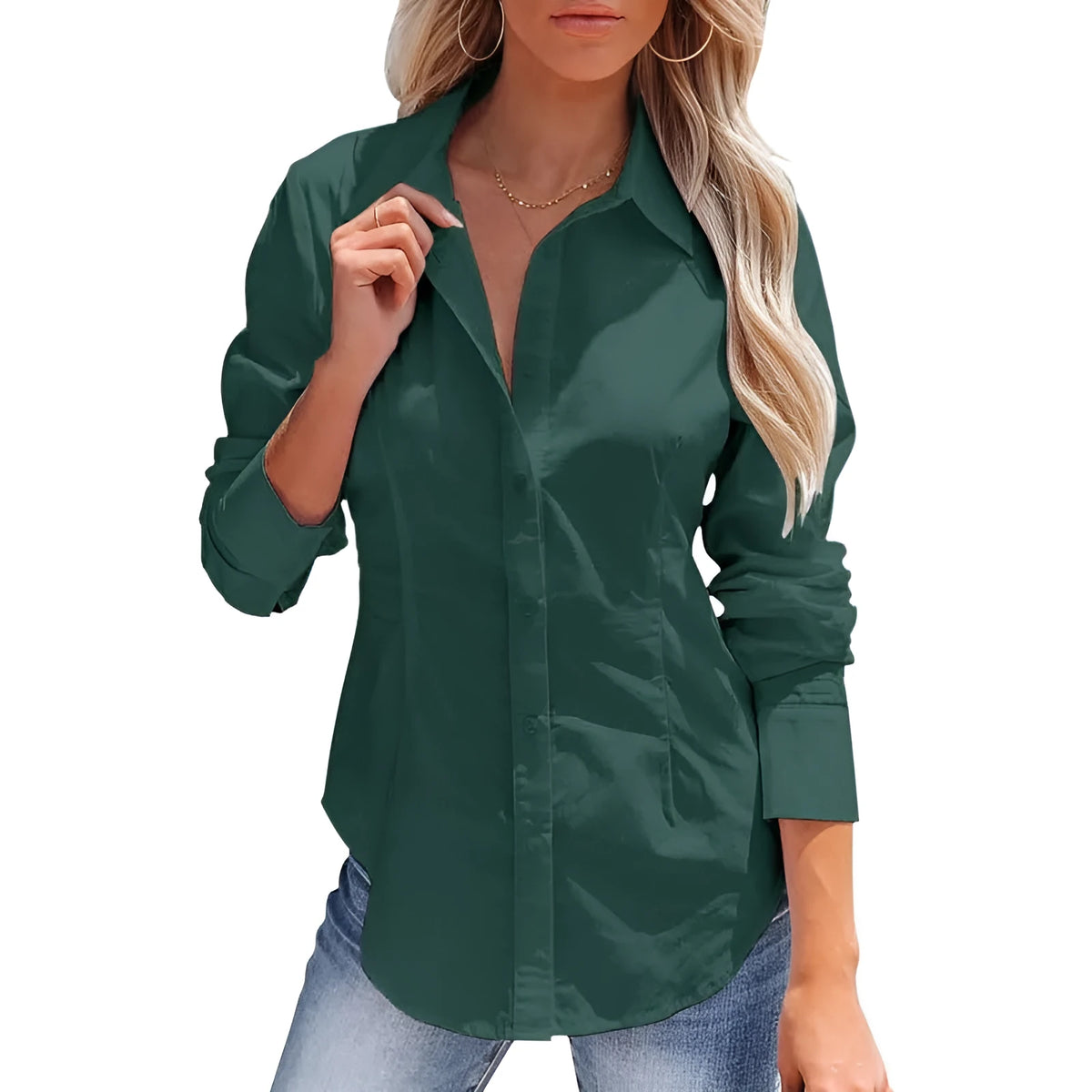 Women's long sleeve button-down shirt in solid dark green, basic urban style office top, sizes XS to 4XL