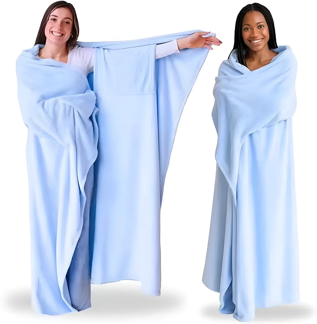 Wearable blanket for women with soft sleeves in light pink, light grey, or blue for home daily use