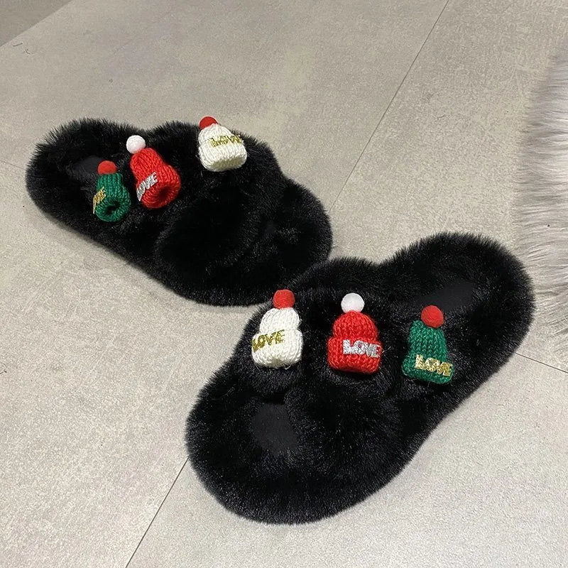 Women's slippers with hairy faux plush upper, cotton lining, and rubber sole in black colour, size 38