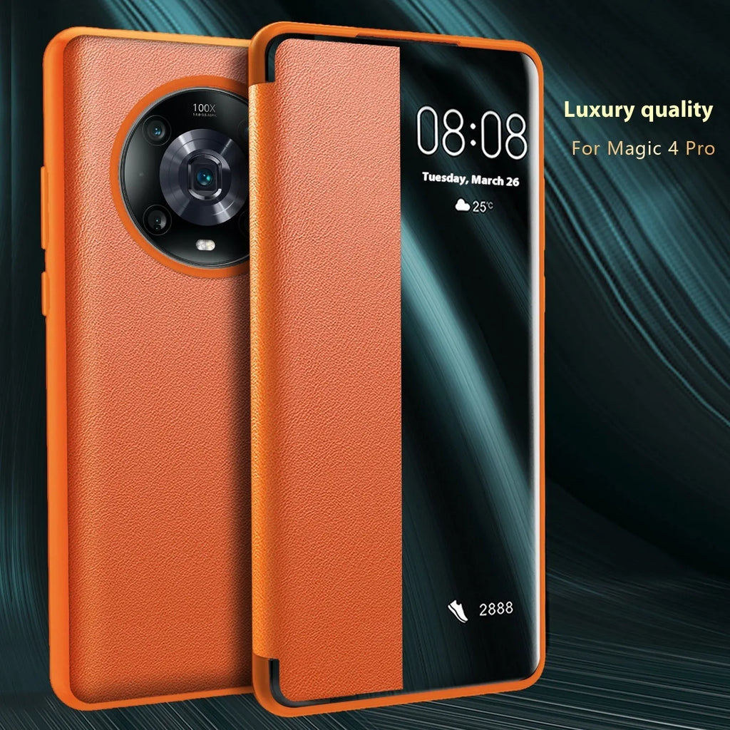 Huawei flip phone case in purple, orange, or black with imitation leather finish and smart sleep window