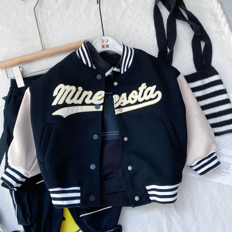 Boys cotton baseball jacket with stand-up collar in blue, black or green, sizes 100cm to 140cm