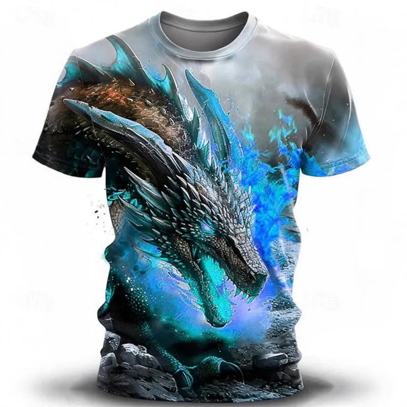 Men's casual T-shirt with 3D wind dragon print on milk silk fabric, short sleeves, pullover style