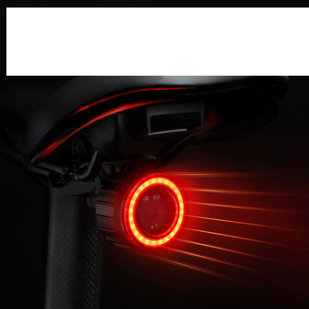 Black aluminium alloy bicycle taillight with seat tube bracket, showing 3.7V induction brake light design