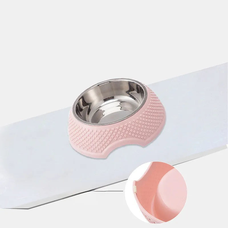 Stainless steel pet bowl with non-slip base in blue, green, or pink, 19cm diameter