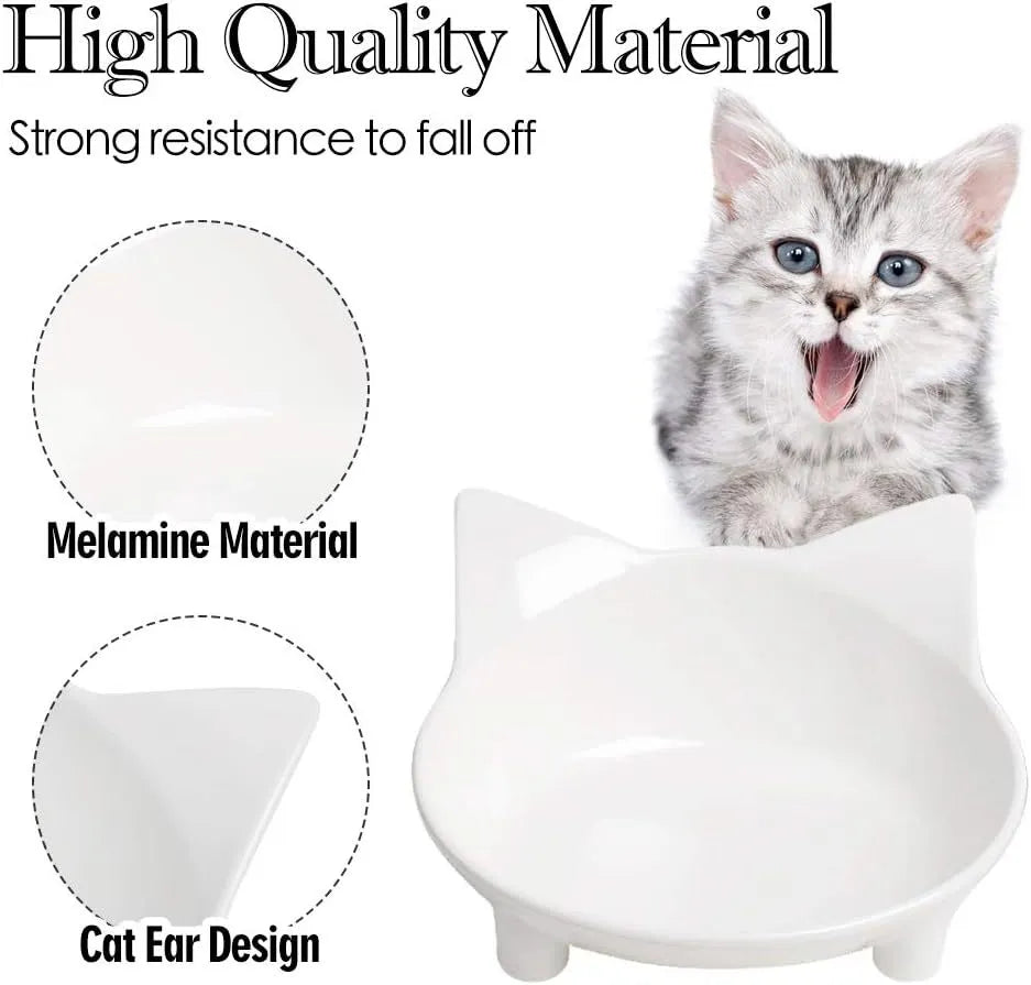 Non-slip shallow cat bowl in black or white, made from food-grade melamine with rubber base, measuring 145mm by 63mm