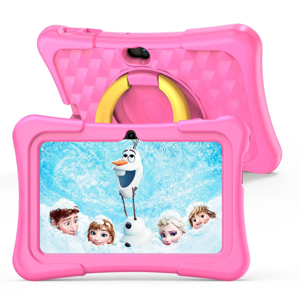 7-inch children's educational tablet with blue silicone protective cover and 360-degree rotation handle bracket