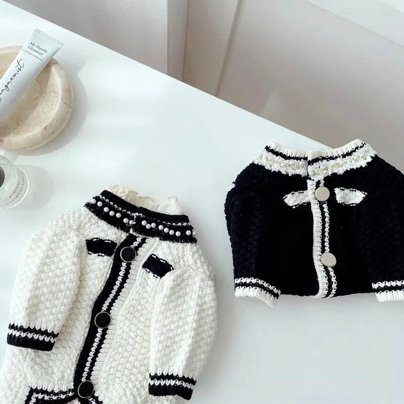 Korean style puppy clothes pearl collar sweater in black or white with princess design for dogs 0.50 kg to 7.50 kg