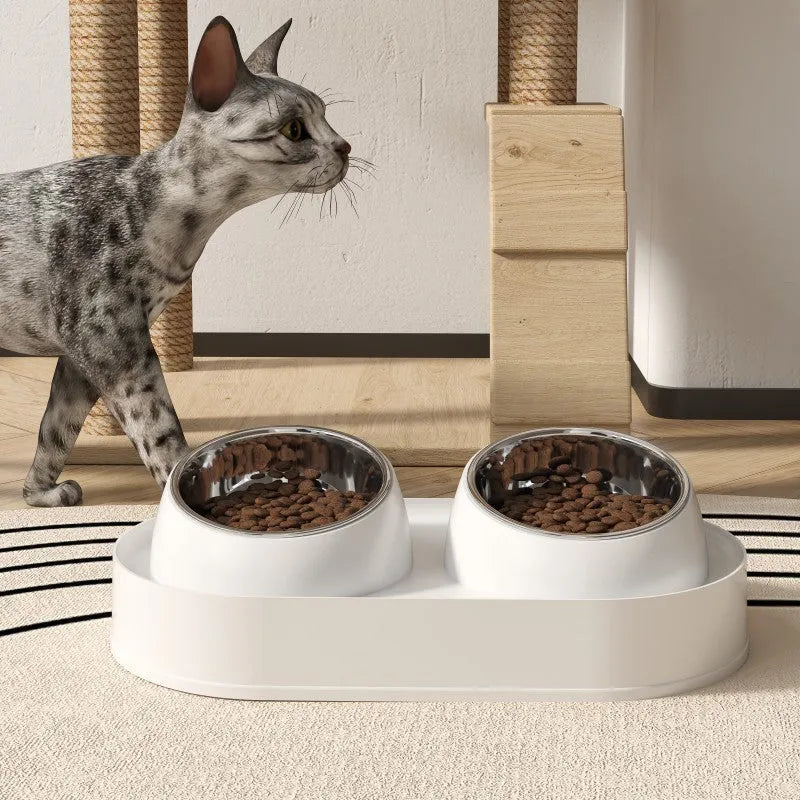 White elevated pet feeder with tilted ceramic bowls on a separate rack, for cats and small dogs.