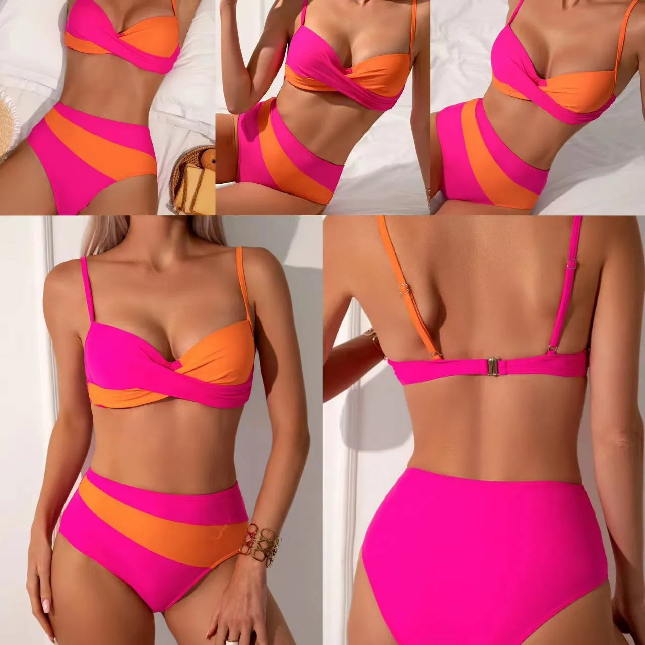 Orange women's bikini set with underwire bra and briefs on a mannequin