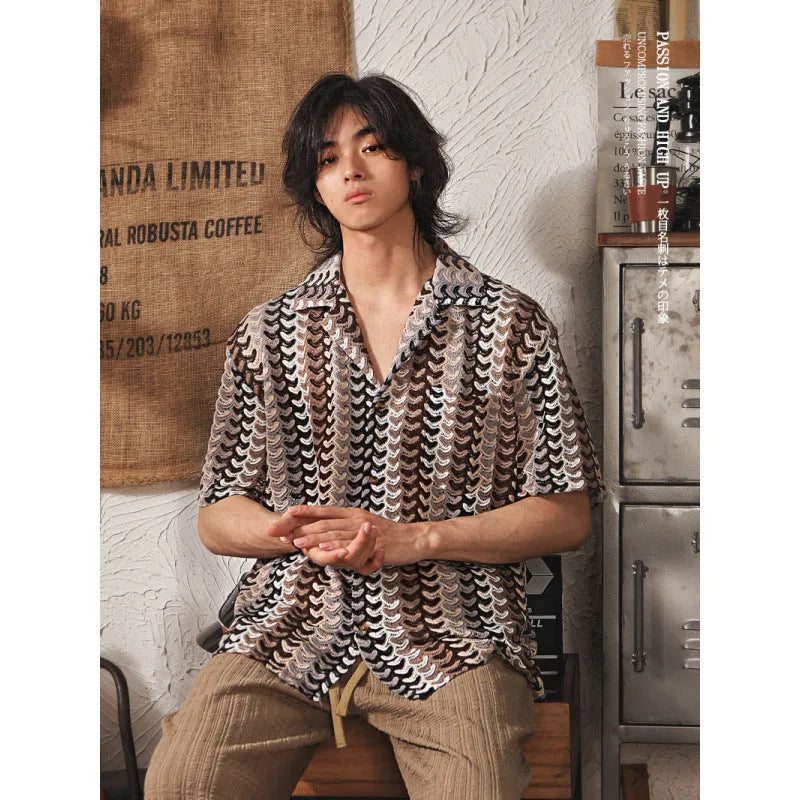 Japanese style Cuban collar short sleeve shirt with jacquard pattern in gray colour