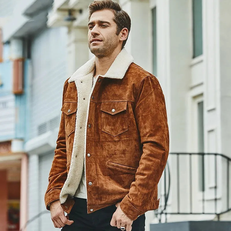 Men's brown pigskin leather jacket with cotton padding, lapel collar, single-breasted front, straight regular fit