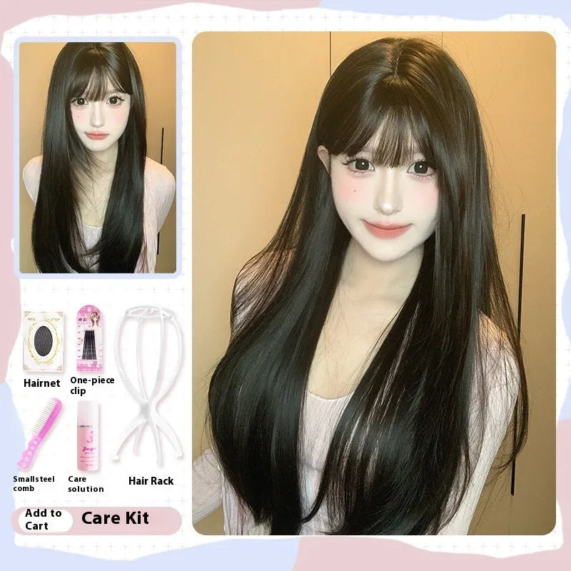 Dark brown women's wig with long straight hair and bangs style on wig head