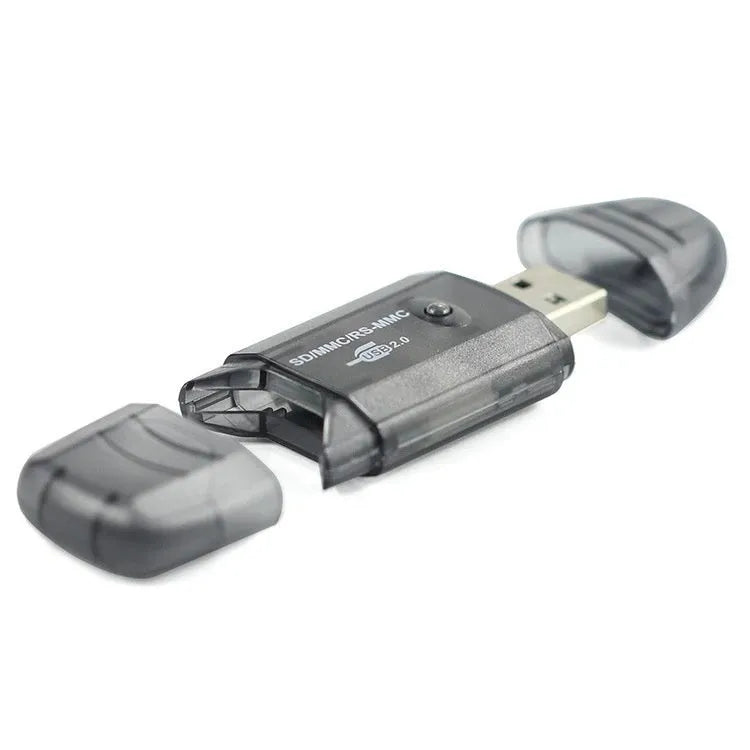 Transparent plastic USB card reader with LED lights showing 7.5 inch length and memory card slots
