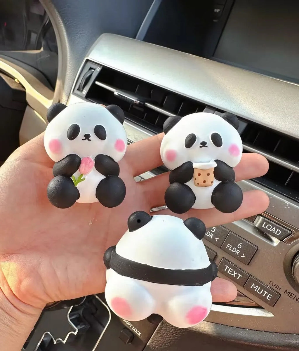 Panda car vent air freshener clip ornament in milk tea, flower, and back panda designs
