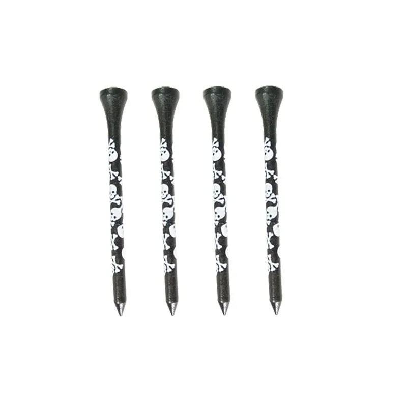 Ten black bamboo golf spike dowel pins with skull print, shown in 70mm and 83mm lengths.