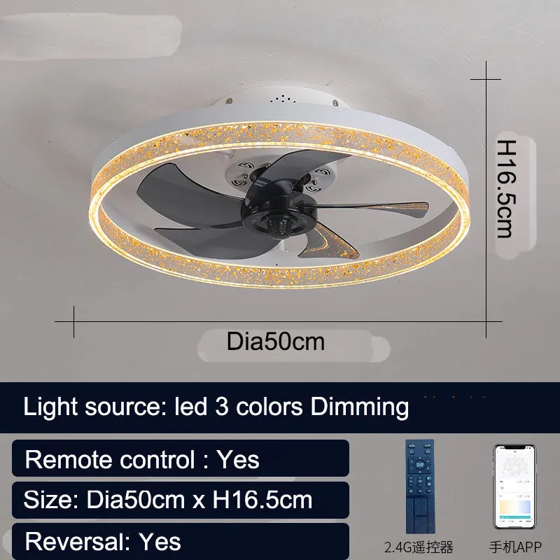 Nordic-style ceiling fan lamp with 50cm blades and LED light in coffee gold colour