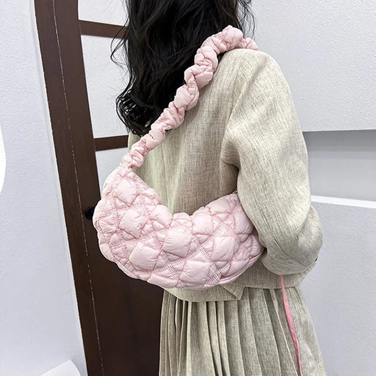 Women's nylon underarm bag in beige colour showing 35cm width and adjustable 120cm shoulder strap