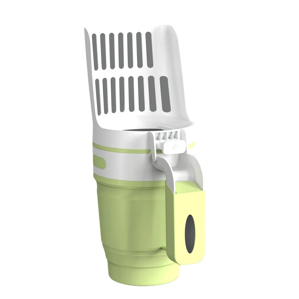 Grey foldable cat litter scooper and waste bin system with a handle and sheltered lid.