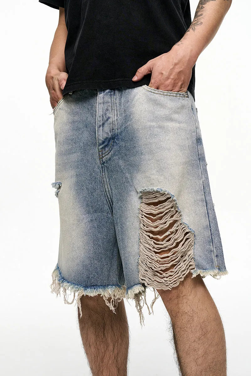 Light blue retro washed men's baggy denim shorts with mid-waist and wide-leg fit