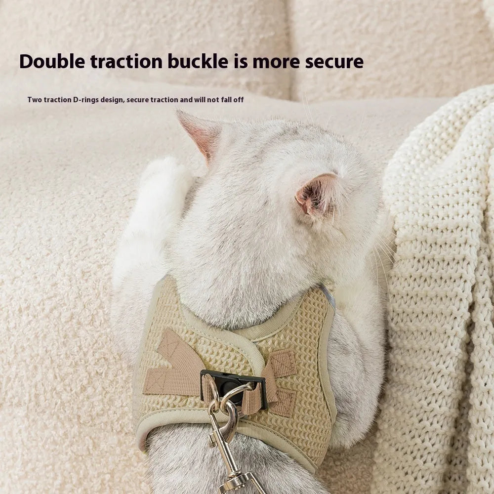 Brown cloth cat harness with chest strap design and pulling rope attachment, adjustable for sizes XXS to M