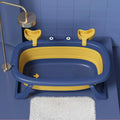 Blue foldable plastic pet bathing tub for small dogs and cats, shown in use and folded for storage.