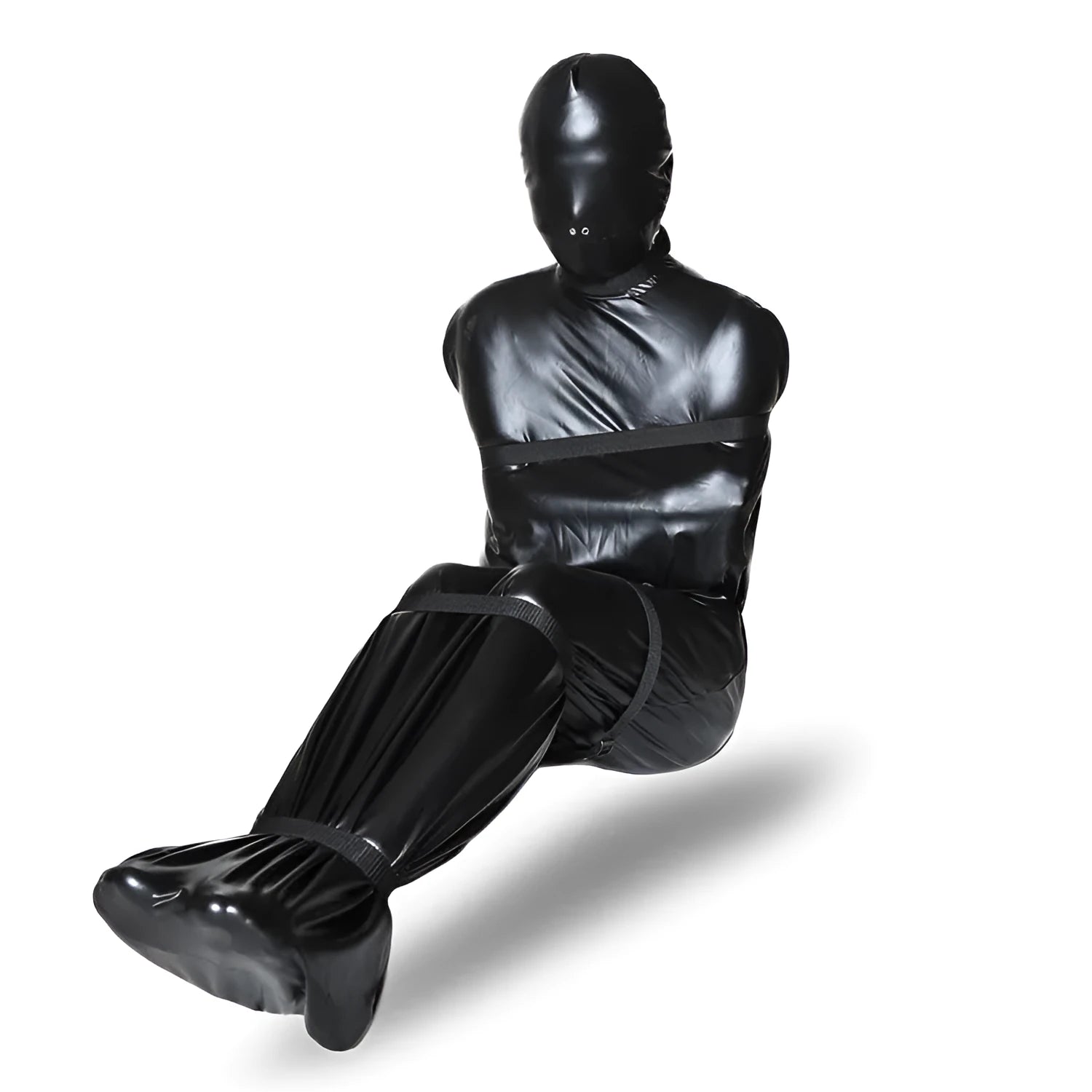 Black patent leather nostril clothing bondage set with six ratchet tie down straps