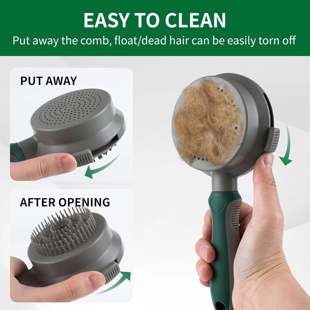 Two-sided silicone cat hair brush with retractable slicker and octopus-teethed massager in green or pink