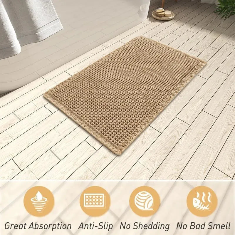 Square checkered pattern bathroom carpet with non-slip backing in beige colour, 61x92cm size