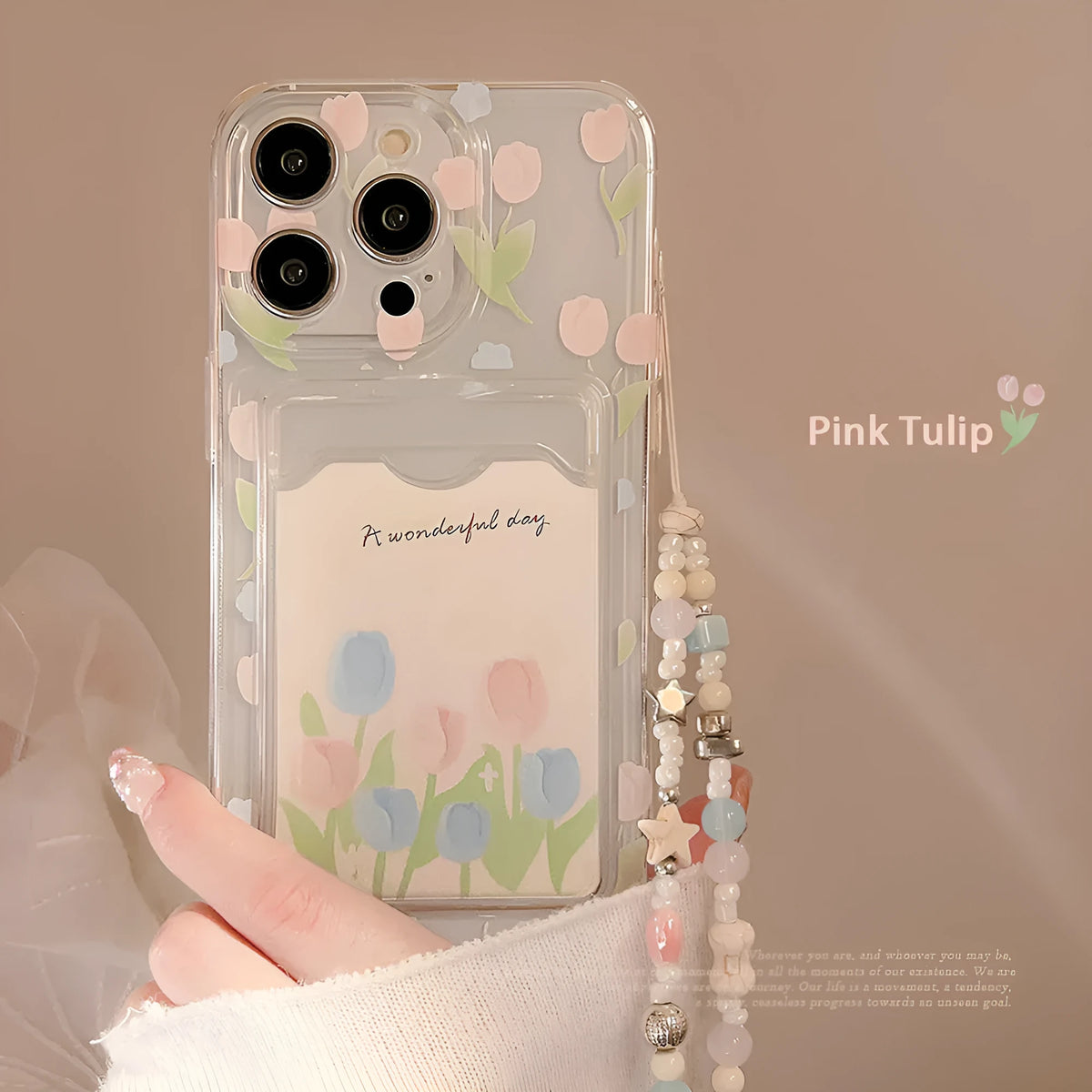 Transparent tulip flower card holder phone case for Apple iPhone, TPU soft shell with painted design.