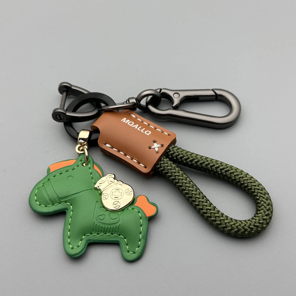 Handmade cowhide car key ring pendant with zinc alloy pony belt buckle and flanelle rope in various colours