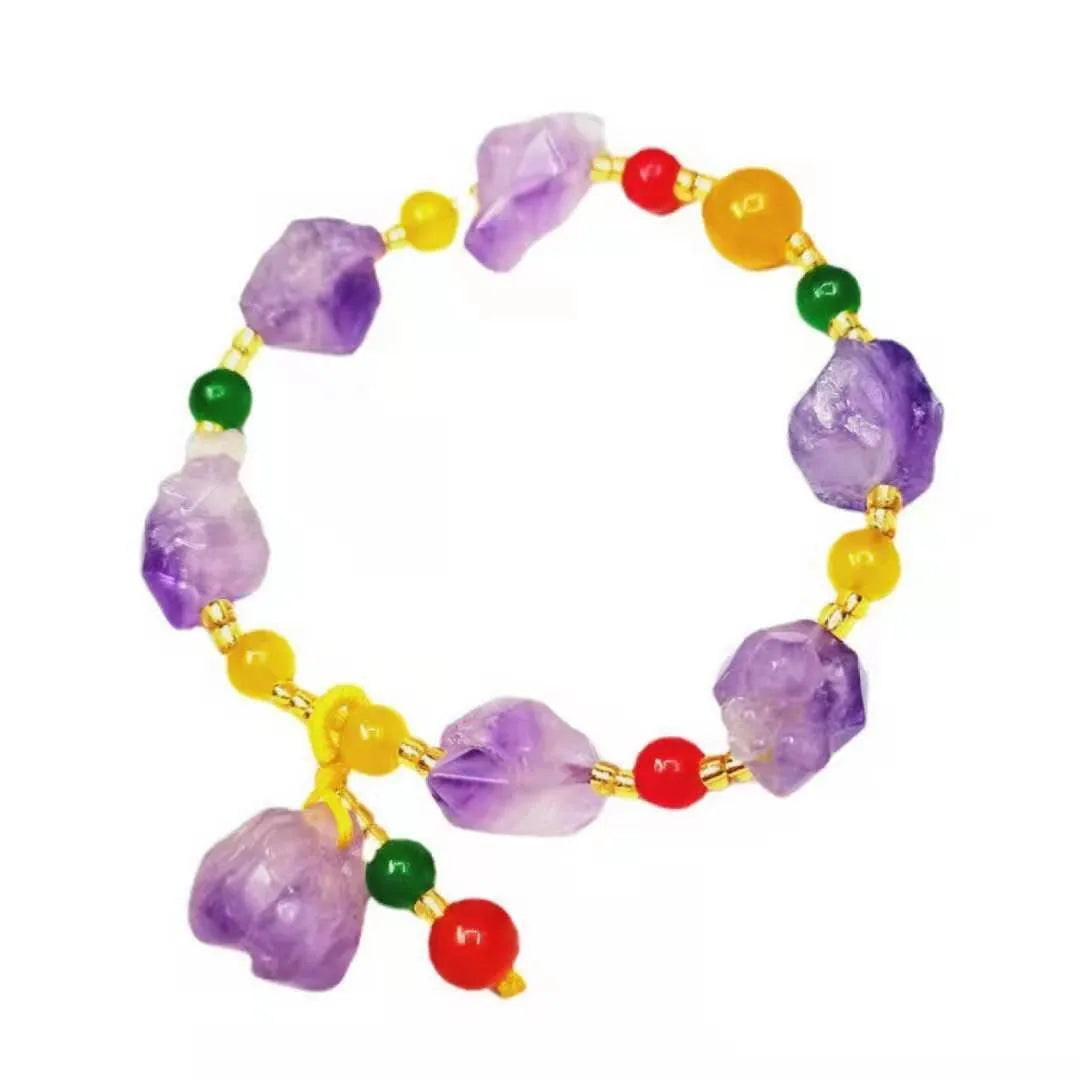 Natural shaped amethyst bracelet with fu character charm for women's travel commemoration gifts