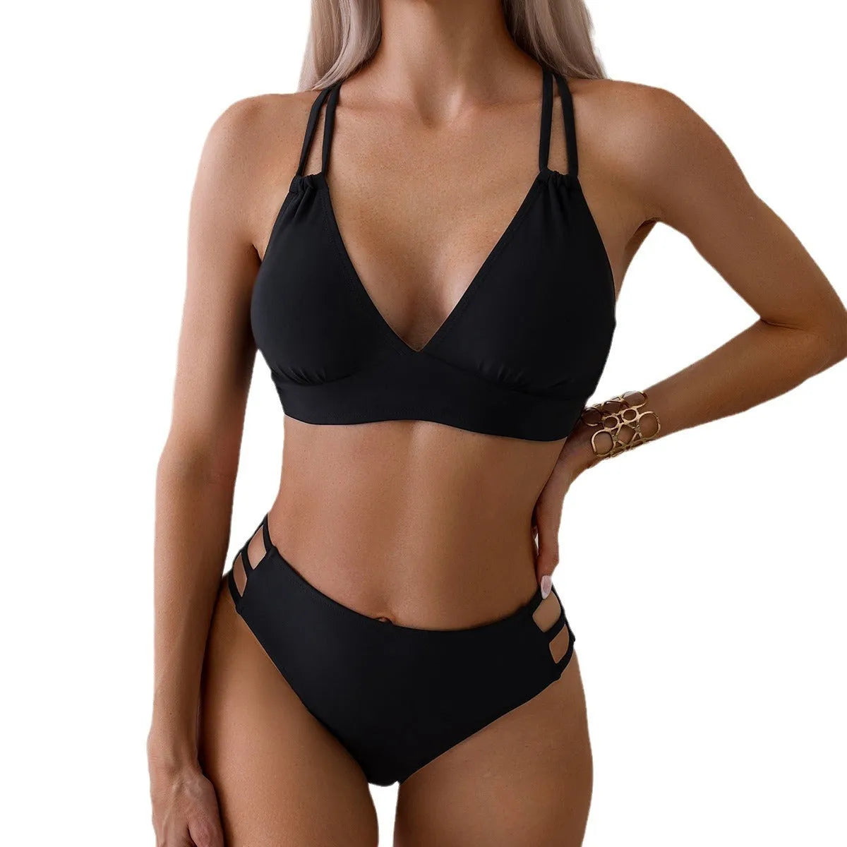 Women's black V-neck halter bikini set on a mannequin, showing adjustable straps and separate bra and shorts design.