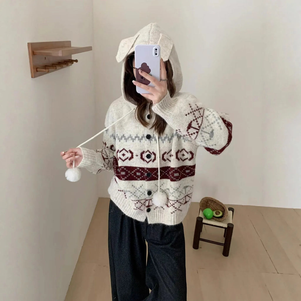 Idle Style brocade sweater coat with geometric pattern in milky white, loose fit plus size women's outerwear