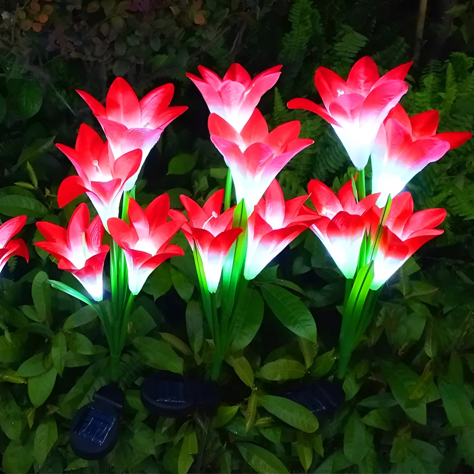 Solar-powered lily-shaped festive lantern for outdoor garden decoration in various colours.