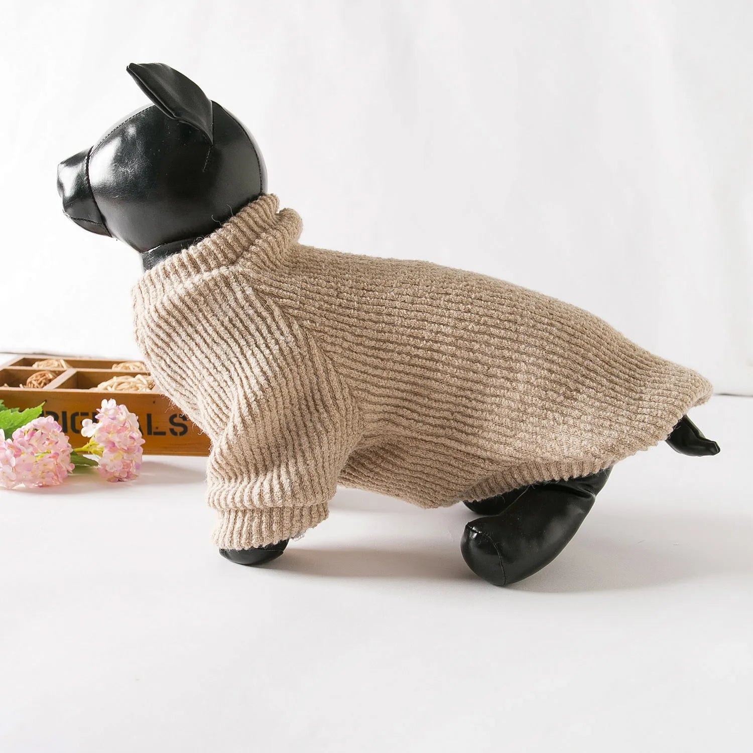 Brown cloth sweater for small dog on white background showing pullover design and casual style