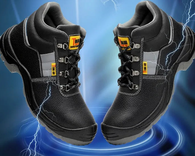 Black high-top safety shoes with steel toe cap and non-slip polyurethane sole, sizes 36-46