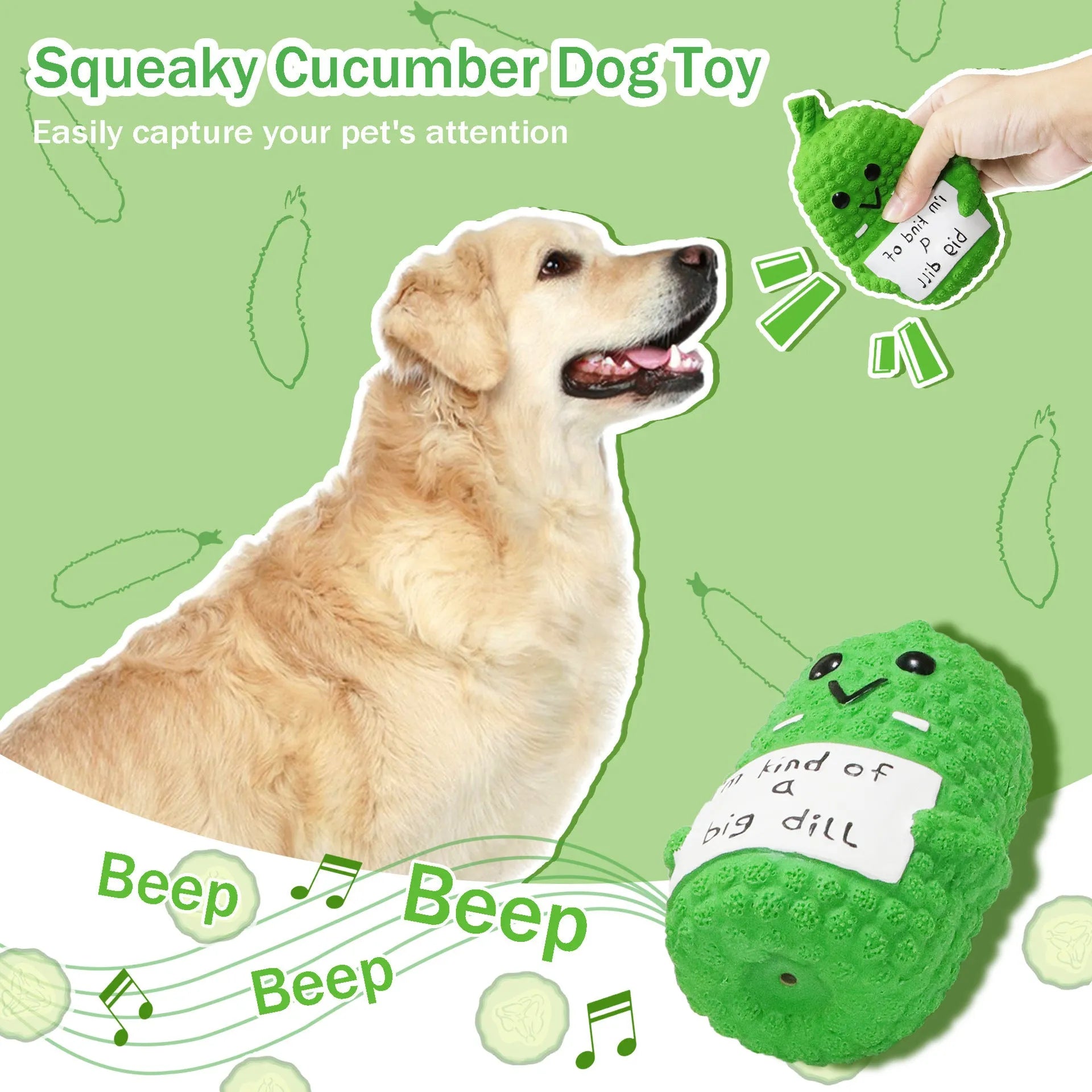 Green pickle squeaky dog toy with convex nubs for dental cleaning, measuring 13.6cm by 6cm
