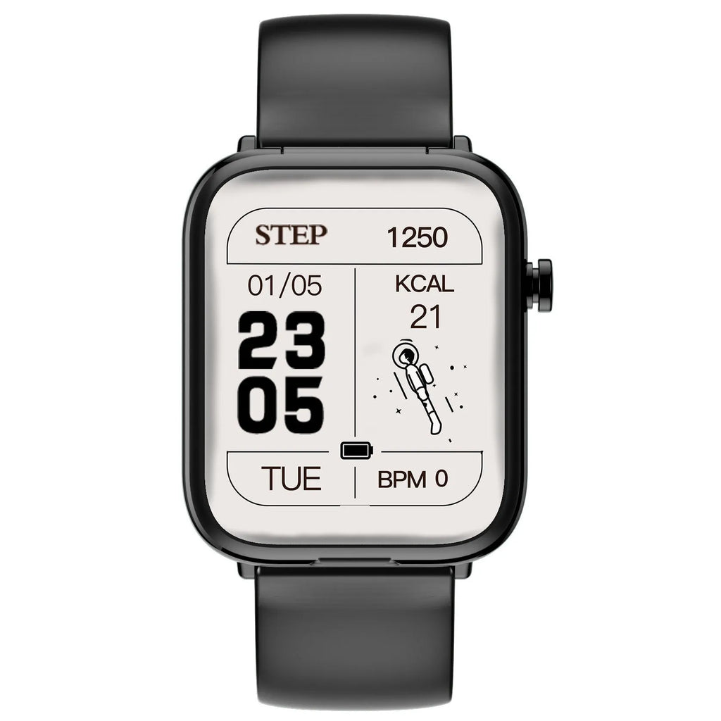 Black smart watch with 1.69-inch touch screen and zinc-aluminium alloy body showing fitness metrics display