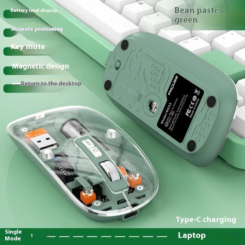 Transparent wireless mouse in space blue colour with USB interface, showing compact 113mm design on a laptop