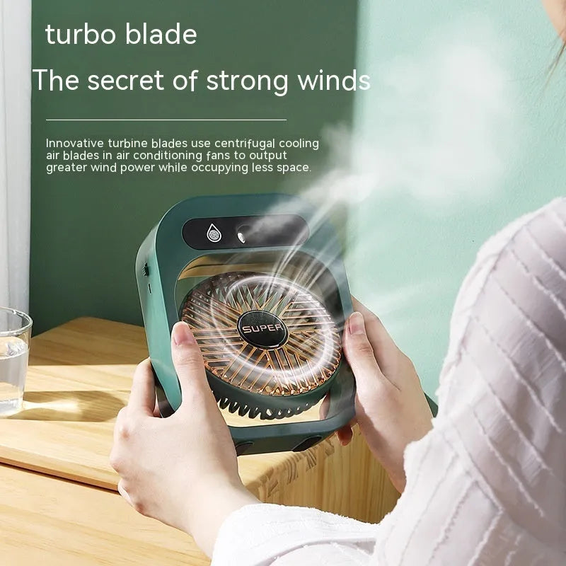 Green and white USB rechargeable portable misting fan and humidifier with adjustable wind direction
