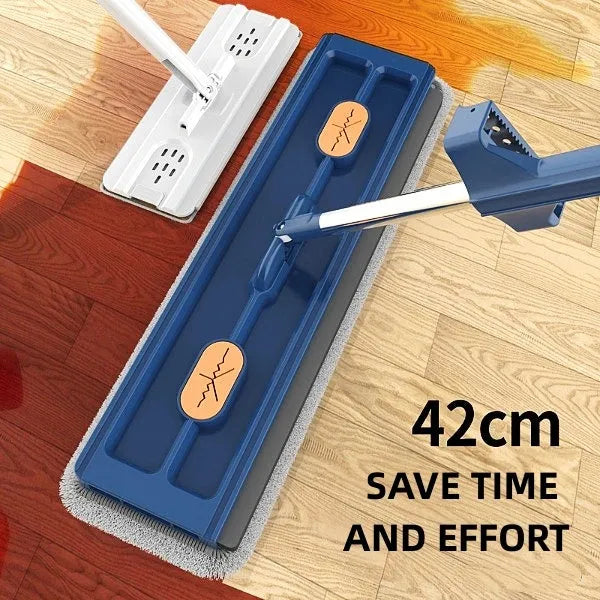 Large flat mop with extended stainless steel handle and rotating head for floor cleaning