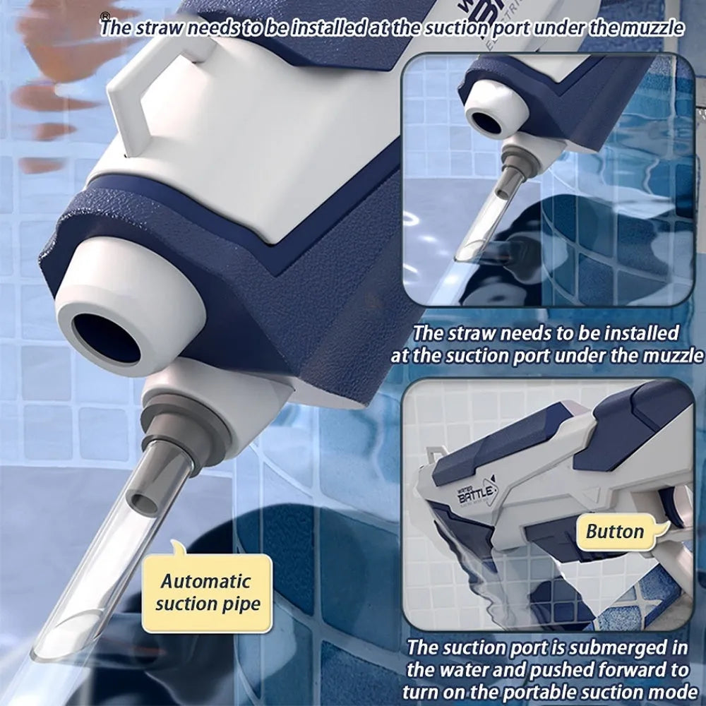 Blue electric water gun with USB charging cable, showing 55cm length and anti-slip handle for outdoor water fights