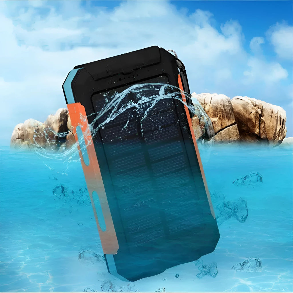 20000mAh solar power bank with compass and dual LED headlights in black, black-blue, or black-orange